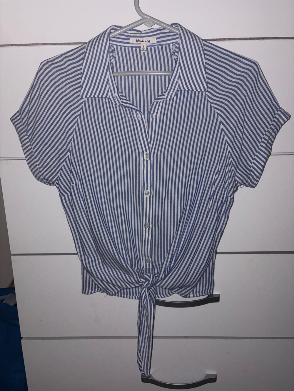 Boutique Style Blue & White Striped Tie-Front Button Down Shirt